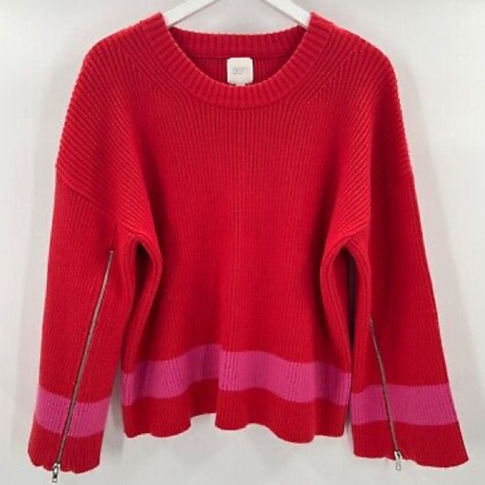 SEN Revolve Red Pink Stripe Pullover Sweater Zip‎ Bell Sleeves Size S